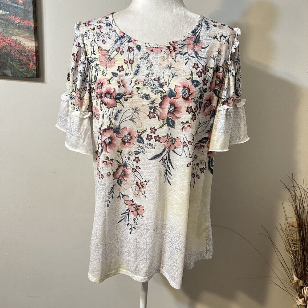 C Est 1946 Women Cream Pink Floral Ruffle Short Sleeve Top Blouse Semi Sheer L